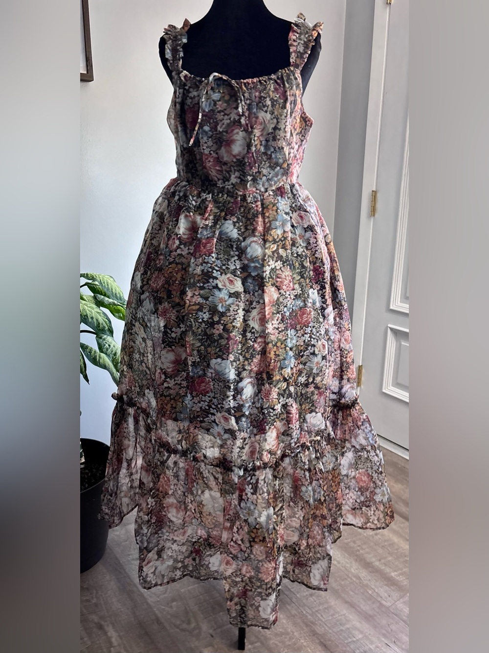 Promesa Sheer Floral Tiered Maxi Skirt — Pink, Cream, Green, Blue